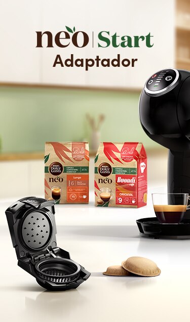 Produtos NESCAFÉ® Dolce Gusto® e máquina NESCAFÉ® Dolce Gusto® com o Adaptador NEO Start®