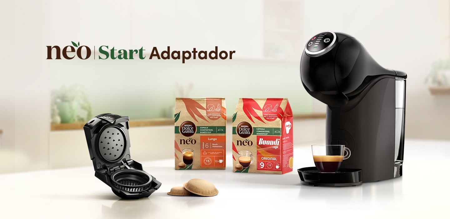 Produtos NESCAFÉ® Dolce Gusto® e máquina NESCAFÉ® Dolce Gusto® com o Adaptador NEO Start®